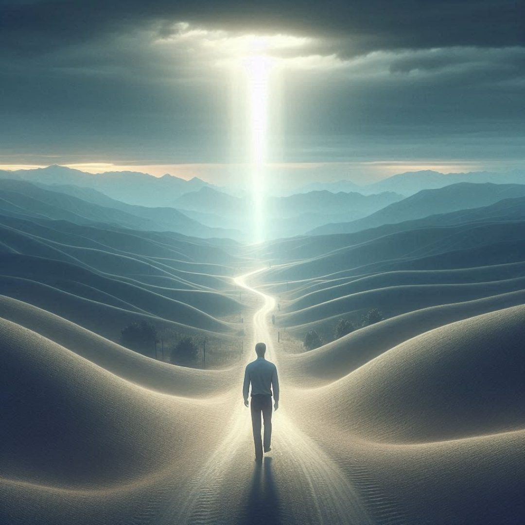 A person walks along a winding path through sandy dunes toward a bright vertical beam of light breaking through cloudy skies in the distance.