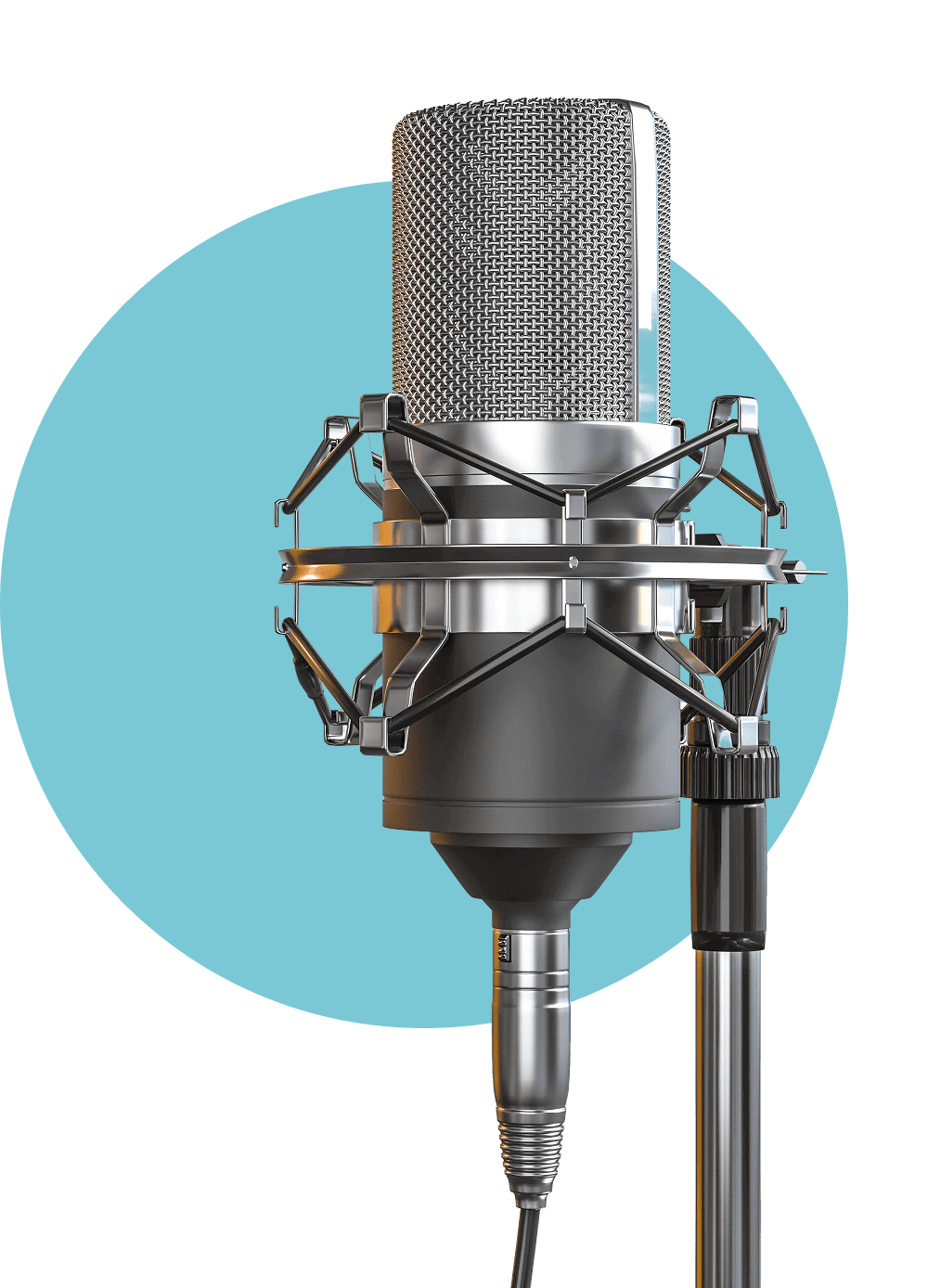 A studio condenser microphone with a shock mount on a stand, set against a light blue circular background.