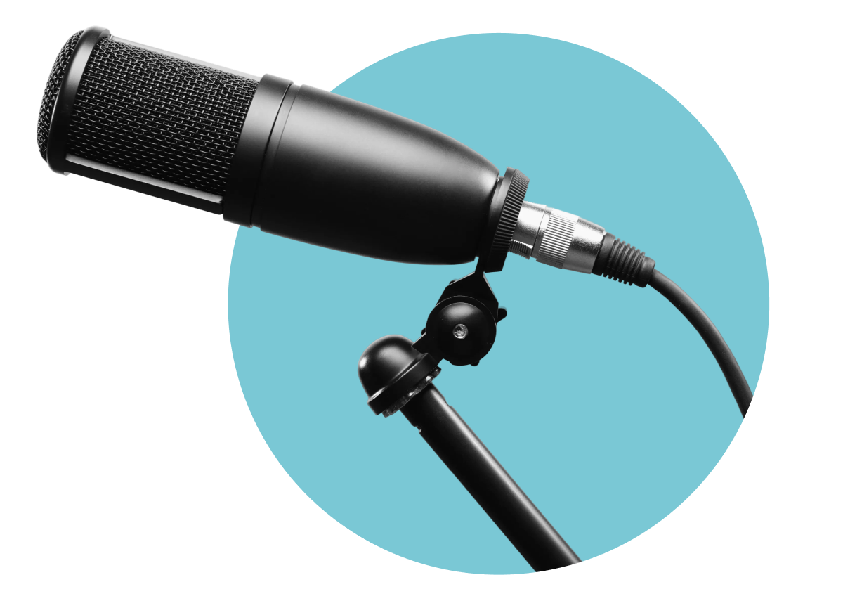 Black studio microphone with teal circular backdrop
