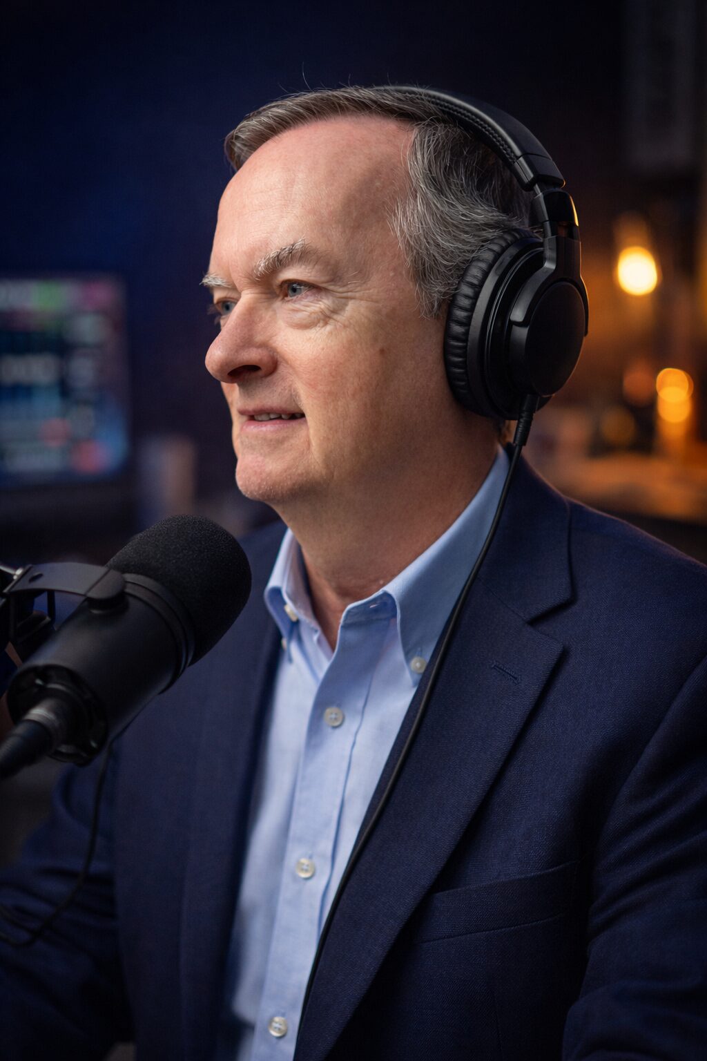 A man in a suit and headphones speaks into a microphone in a recording studio.